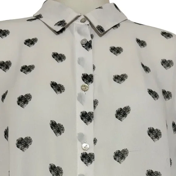 Rose Olive Womens XL White Black Hearts Print Button Up Shirt Long Sleeve blouse - Picture 1 of 10